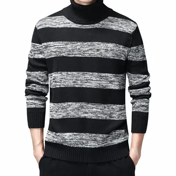 

2020 Spring and Autumn New Style Youth Casual Sweater Men's High Collar with Stripes Pullover Knitting Shirt Base Shirt