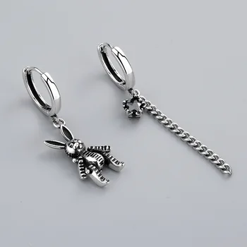 

New Vintage 925 Sterling Silver Asymmetric Rabbit Drop Earrings Zircon Chain Tassel Earing Jewelry For Women Girl brincos bijoux
