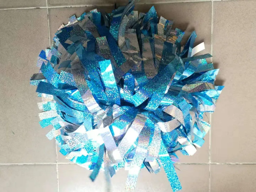 Description Picture 6 of item1PIECE,Custom Professional Cheerleader Pom Poms, Baton Handle, Metallic Blue Holographic, Holographic Silver, 3/4 "x 6"