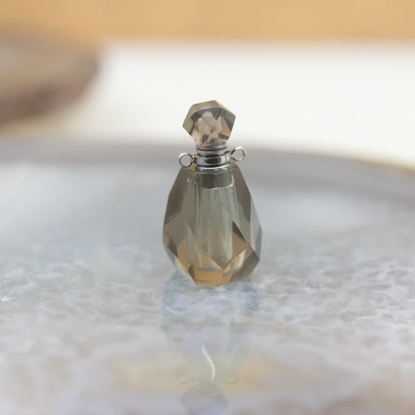 Smoky Quartz Подвески в виде бутылки духов с натуральным кристаллом кварца, ограненные аметисты, флюорит, камень, эфирное масло, диффузор, флакон, ожерелье, очаровательные ювелирные изделия - Окраска металла: Smoky Quartz