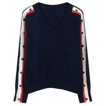 

Runway V-Neck Knitted Women Pullovers Sweater Autumn Winter Long Sleeve Female Buttons Oversized Sweater Striped Ladies Jumper