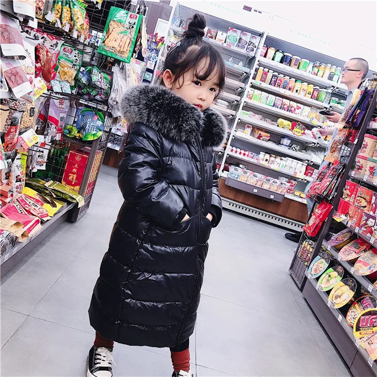 Новое зимнее Модное Длинное пуховое теплое пальто с капюшоном для девочек