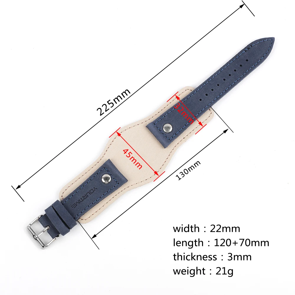 Genuine Leather Watchband 22mm Strap With Mat Handmade Men's Wrist Watch Band Blue White Tray Bands Bracelet Watch Accessories