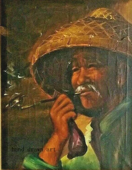 

Artist's original classical art of antique oil painting on canvas: Antique oil painting, Asian old man and pipe