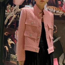 Blazer en Tweed pour femmes, poches à boutons, rose, couleur unie, bureau, élégant, à la mode, classe, vêtements de travail, costumes d'affaires, printemps automne 2021 