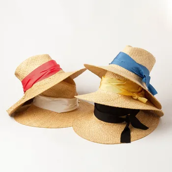 

Wide ribbon bow double-layer hand-knit Raffi grass jazz hat outdoor shade beach straw hat