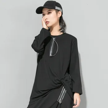 

Spring New Female Black T-shirt 2020 Zipper Round Neck Long Sleeve Irregular Tie Hem Loose Tops All-match Women PC341