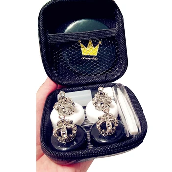 

Mini Stylish Simple Contact Lens Hard Case Travel Kit with Mirror Bottle with Tweezers Container Holder-Cute Crown -White and Bl