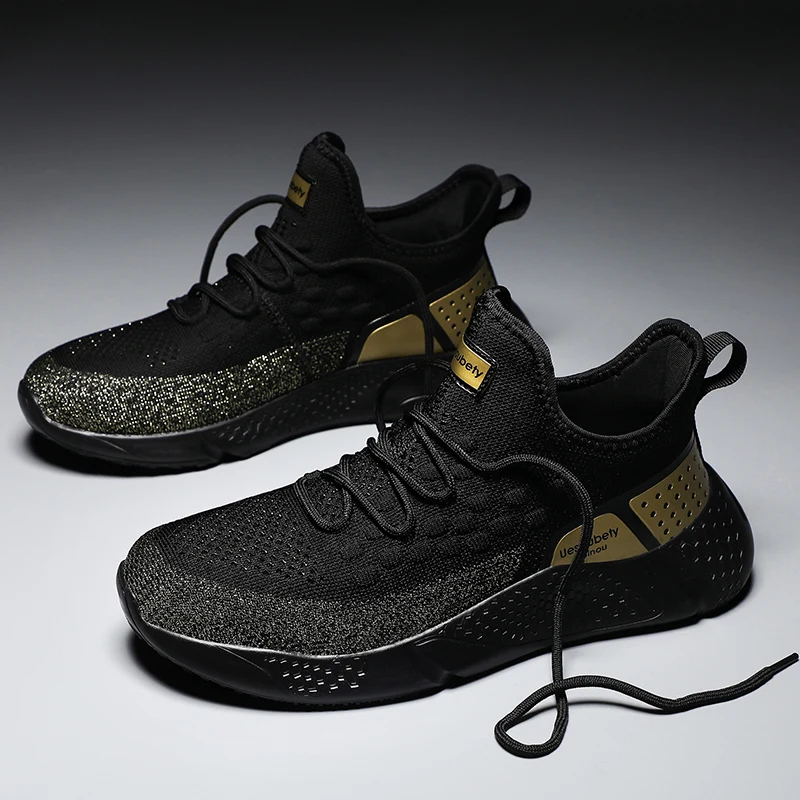 

2020 Spring Summer Men Running Shoes Black Gold Lightweight Sport Shoes White Breathable Sneakers Male Trainers Big Size 39-46