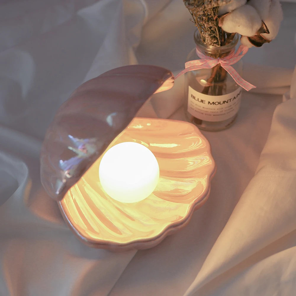 Ins Japanese Style Ceramic Shell Pearl Night Light Streamer Mermaid Fairy Shell Night Lamp For Bedside Home Decoration Xmas Gift ► Photo 3/6