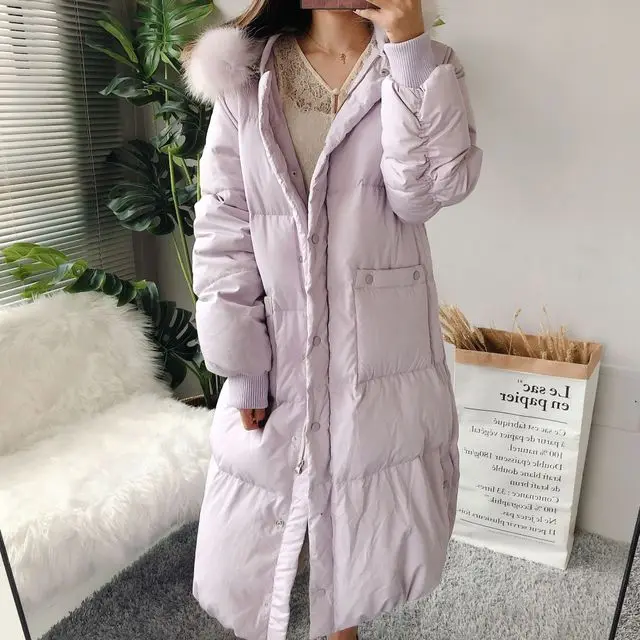 pink purple Зимняя Толстая теплая куртка-пуховик из 90% белого утиного пуха с воротником из натурального меха енота, женское длинное пальто, парки белого и розового цветов - Цвет: pink purple