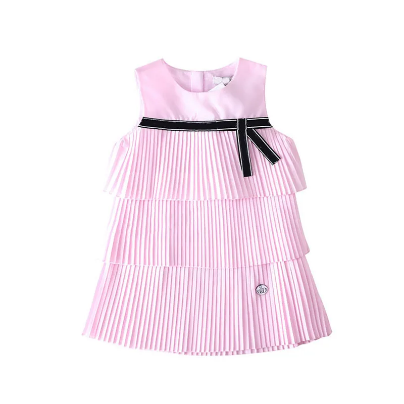 Summer Fashion Girl Dress Sleeveless Striped Belt Princess Dresses For Girls Cotton Birthday Party Wedding Children'S Dresses - Цвет: Розовый