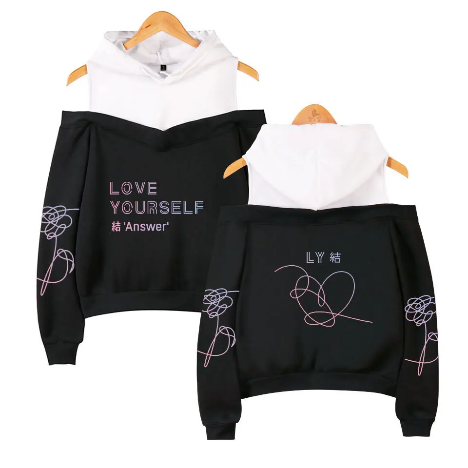 Beste Cross Grens voor BTS Bulletproof Jongens Gerelateerde Producten Nieuwe Stijl LIEFDE Jezelf vrouwen off Shoulder Hoodie