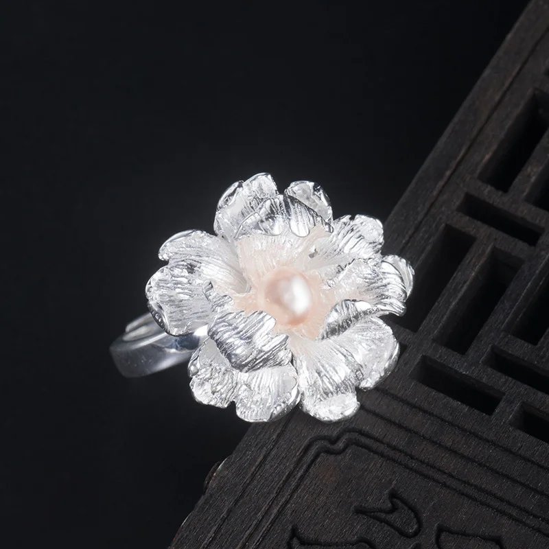

Big Peony Flower Rings for Women 925 Sterling Silver Ring Freshwater Pearl Resizable Ring Handmade Ethnic Jewelry