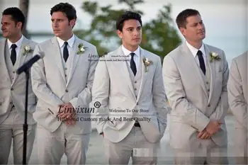 

Custom wedding suits Summer Men Suits Beach Grey Linen Suits Notched Lapel men grooms tuxedos slim fit suits(Jacket+Pants+vest)