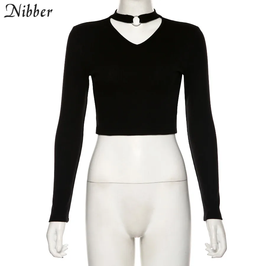 Nibber Harajuku чистый вязаный короткий топ с длинным рукавом Женские футболки модные уличные повседневные розовые черные простые Стрейчевые облегающие футболки