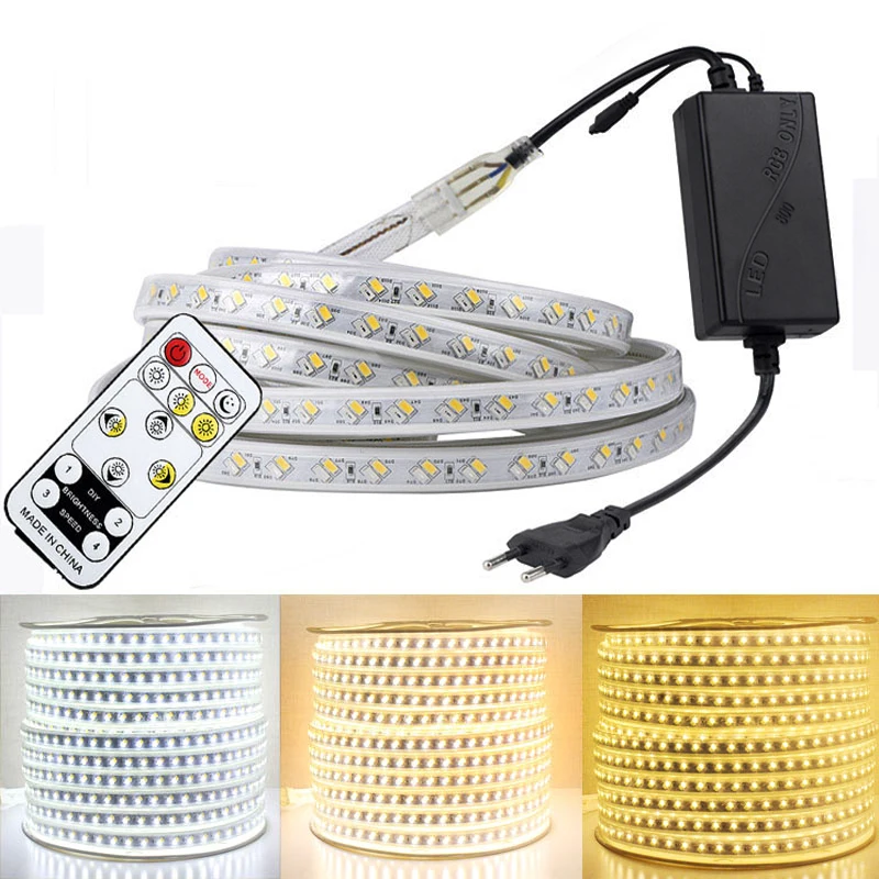 buy RGB LED Strip Light kit with Remote Controller Dimmable LED Tape Waterproof AC220V SMD 5050 LED Ribbon Flexible Strips for