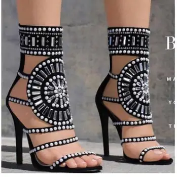 

Black and white diamond sexy Roman style high heel sandals sexy heels