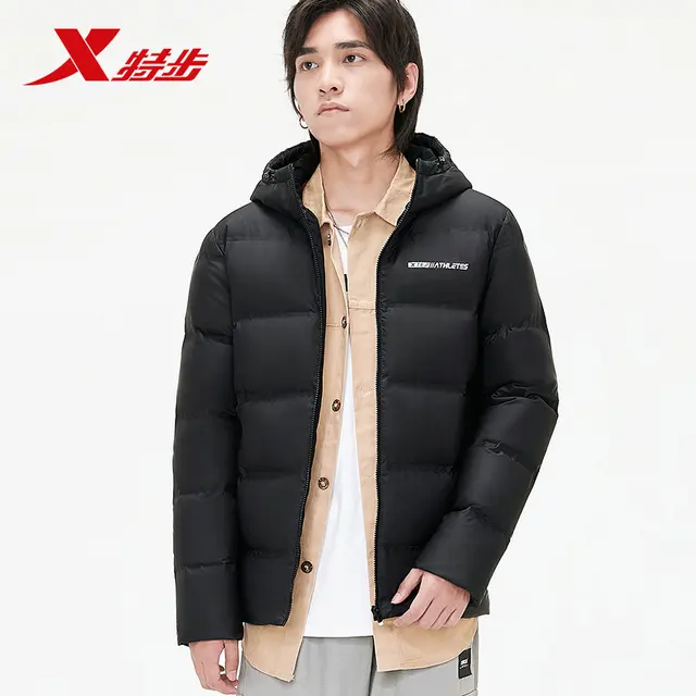 Xtep Men Casual Hooded Down Jacket 2020 Fashionable Winter Hooded Warm Windproof Men Coat Casual Down Jacket 881429199126 black