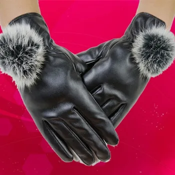 

2019 New Hot Winter Warm Black Car Motorcycle Gloves With Warm Cashmere Rex Rabbit Fur Ball PU Gloves For Women