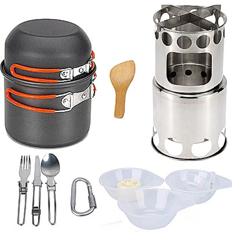 

Hot Sale Outdoor Camping Set Pot Firewood Stove Set Including Cutlery Backpack Hiking Cutlery Pot
