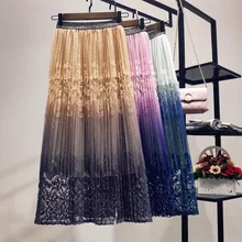 Осенняя Женская модная кружевная вязаная крючком Цветочная юбка с высокой талией, Женская трапециевидная плиссированная юбка средней длины до середины икры, тонкая юбка