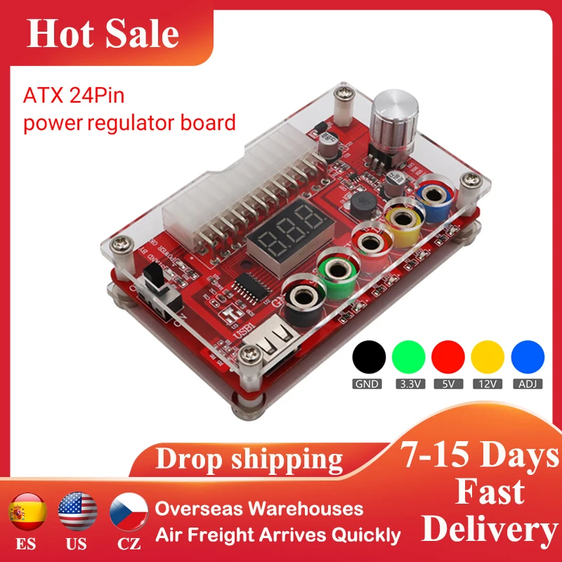 ATX 24 Pin Power Supply Breakout Board Acrylic Case Kit Module Power Divider Connector Board Support 3.3V/5V/12V 1.8V-10.8V(ADJ) 1