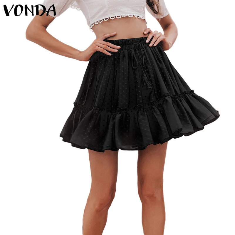 Черный VONDA, женские летние плиссированные мини юбки, женская короткая юбка в горошек с высокой талией, розовые трапециевидные шифоновые юбки с цветочным принтом и рюшами - Цвет: Черный