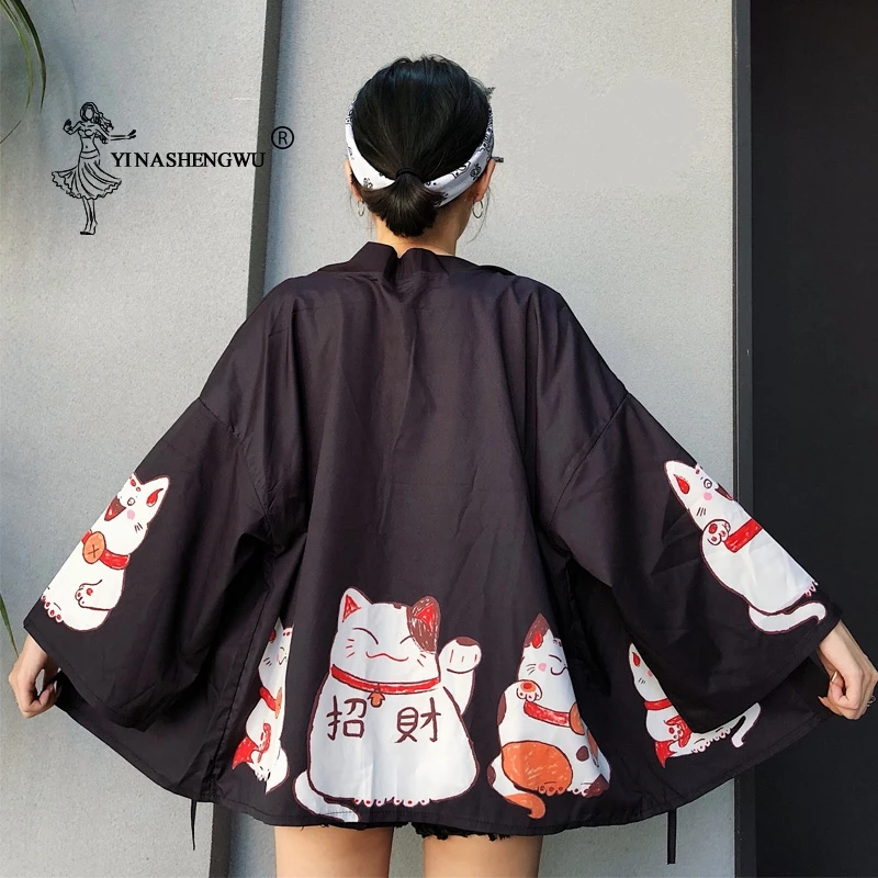 Японское кимоно с принтом кошки, кардиган, женская Свободная рубашка, топы, Пляжное повседневное пальто, женские кимоно юката, косплей, азиатская одежда
