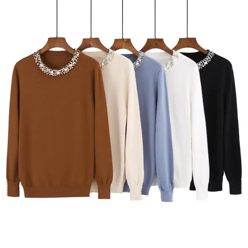 

2020 spring and autumn Korean version of the new beaded round neck knitted sweater