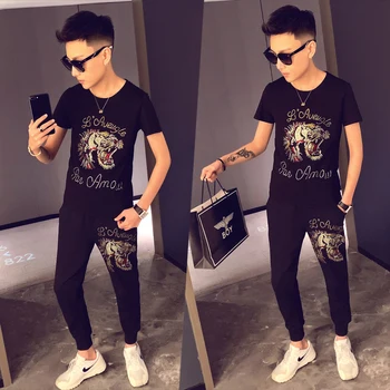 

Animal Print Short Sleeve T Shirt Two Piece Set Men Slim Fit Outfits Men Set Spring High Quality Tracksuit Top And Pants Men