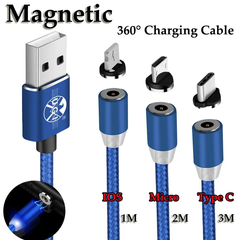 1 ~ 3M 360 ° Круглый Магнитный светодиодный Micro USB C зарядный кабель для передачи