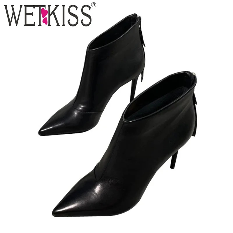 

WETKISS Stiletto Heel Ankle Boots Women Pu Booties Party Zip Shoes Female Pointed Toe Shoes Ladies Winter 2020 Plus Size 33-45