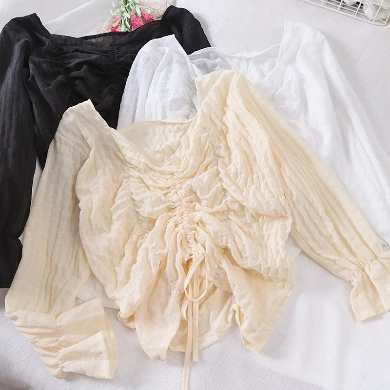 

Photo Shoot ~ 0989 Autumn Chiffon Blouse WOMEN'S Dress CHIC Loose-Fit Short Drawstring Bare Midriff Long Sleeve Sun Protection C