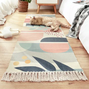 

Cotton Linen Hand Woven Carpet Rug Bedside Rug Geometric Floor Mat Home Living Room Bedroom Tatami Non-Slip Mat Foot Pad Decor