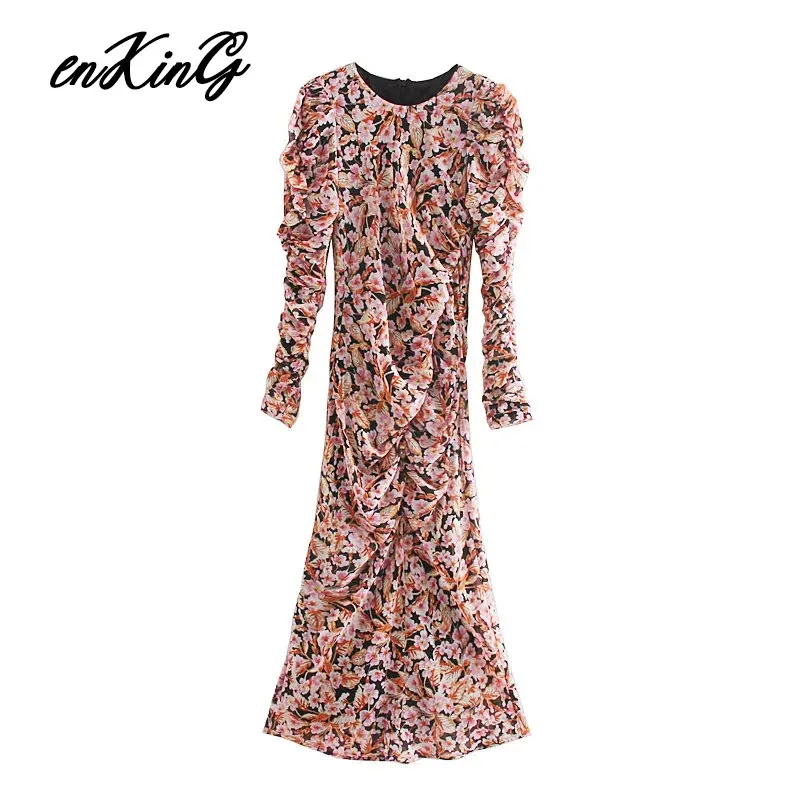 Английский элегантный винтажный буф рукав с цветочной печатью платье для женщин vestidos de fiesta de noche Макси Платье Блейзер