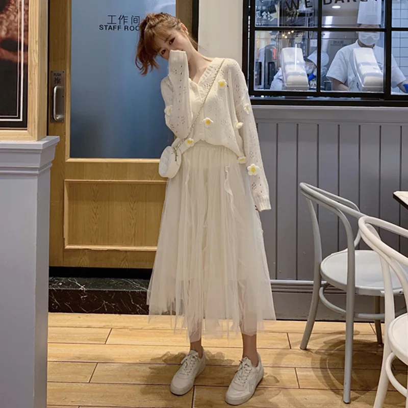 

Sweater dress women 2019 loose winter clothes white long sleeve gauze knitting cardigan sweet wind coat skirts two-piece outfit
