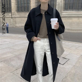 

SHENGPALAE2020 Autumn Korean Chic Overcoat Lapel Single-breasted Strap Waist-tied Long Double-sided Woolen Coat For Women ZT1143