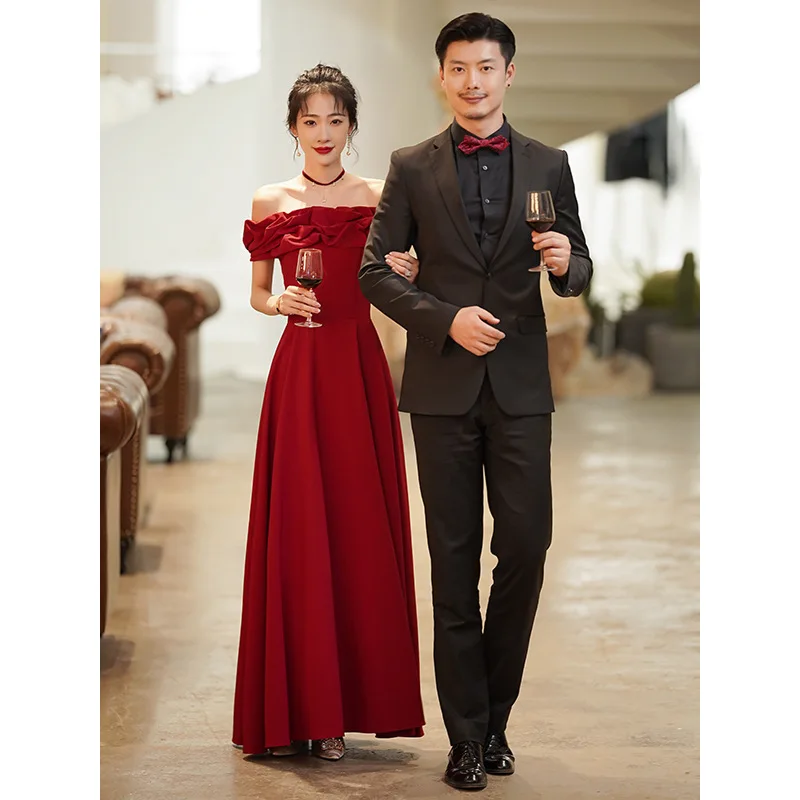 

Wine Red Elegant One-shoulder Evening Dress Prom Party Dresses Robe Vestido De Noiva A-Line Long Wedding Engagement Gown