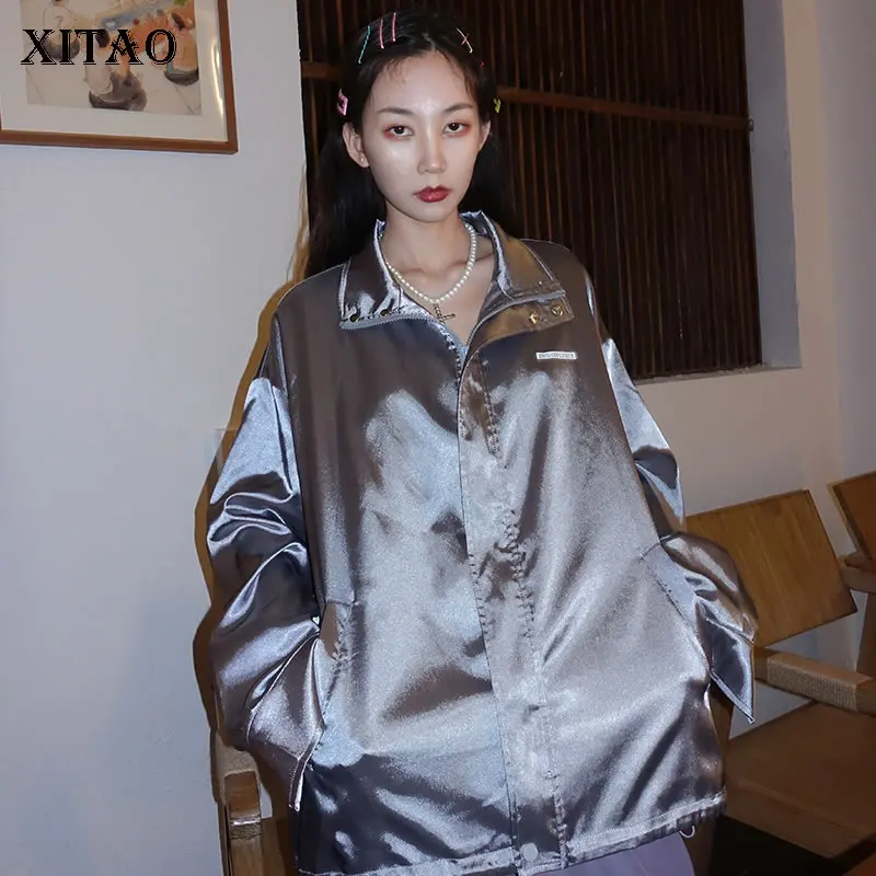 

XITAO Tide Plus Size Jacket Silver Thin Vintage Women Clothes 2020 Spring New Fashion Loose Pocket Match All Coat Top DMY3785