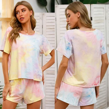 

New Women Summer Tie-Dye Short-Sleeved Shorts Two-Piece Set Casual Leisure Tops Round Neck Pajamas