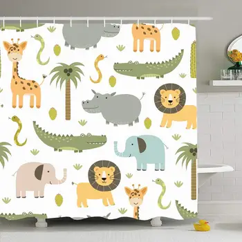 

Shower Curtain Set with Hooks 60x72 Safari with Snake Cactus Africa Repeat Animals Pattern Cute Hippo Zoo Wildlife Lion Style
