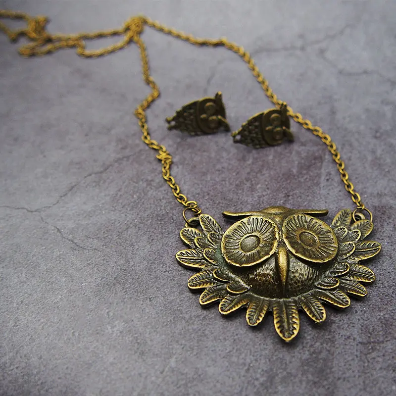 

Brand New Necklace Owl Bronze Set Earring All-Match Hip Hop Palace Rock Punk Retro Cute Distressed Fashion Unisex School N0017