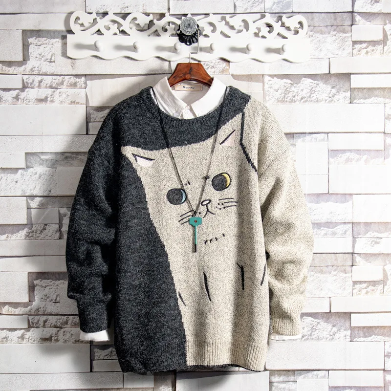 Wholesale 2020 Embroidery Teenagers Casual Couple Cat Sweater Men's Autumn and Winter Lazy Warmth Base Thick Plus Velvet Sweater 1