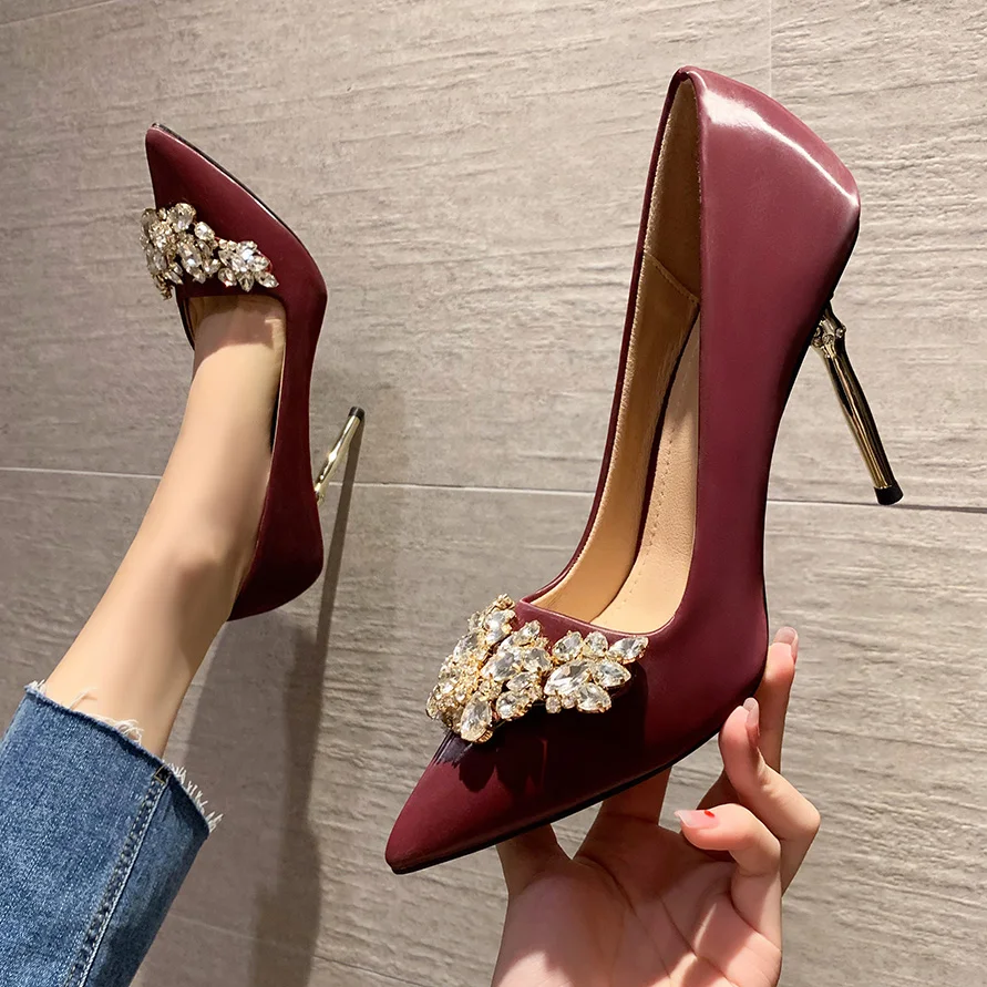 Good Quality Crystal Shoes PU Pointed Head Rhinestone Buckle Transparent Metal Heel Fine Sexy Wedding Party | Обувь