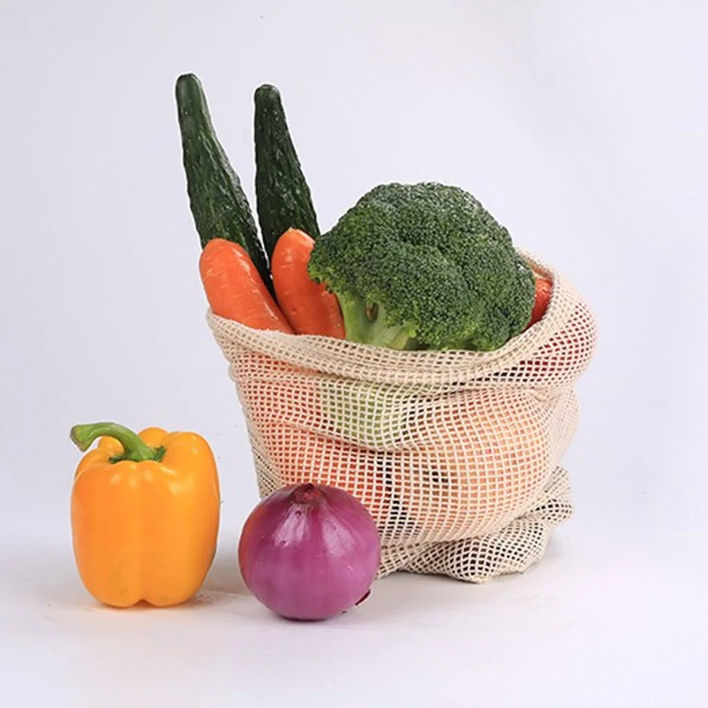 3pcs Shopping Bags Reusable Mesh Fruit Bag Drawstring Grocery Fruit Storage Tote Washable Cotton