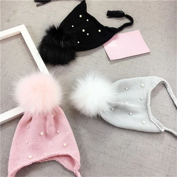 

Cute Children Kid Adult Babies Beanies Caps Child Crochet Winter Warm Knit Hats Cap Baby Boy Girls beading Hair Ball Earbud Hat