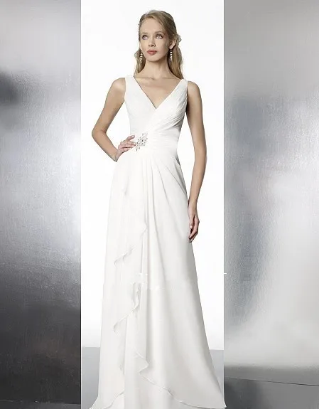 

free shipping chiffon A-line features deep V-neckline drop waist beading zipper closure custom bridal gown bridesmaid dresses
