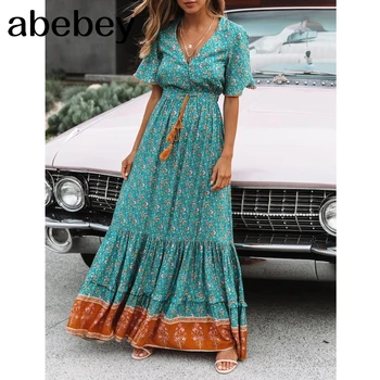 

Frieda Retro Chic Maxi Dress Women 2019 Summer Elegant Short Sleeve V neck High Waist Dress Floral Print Boho Beach Long Dress