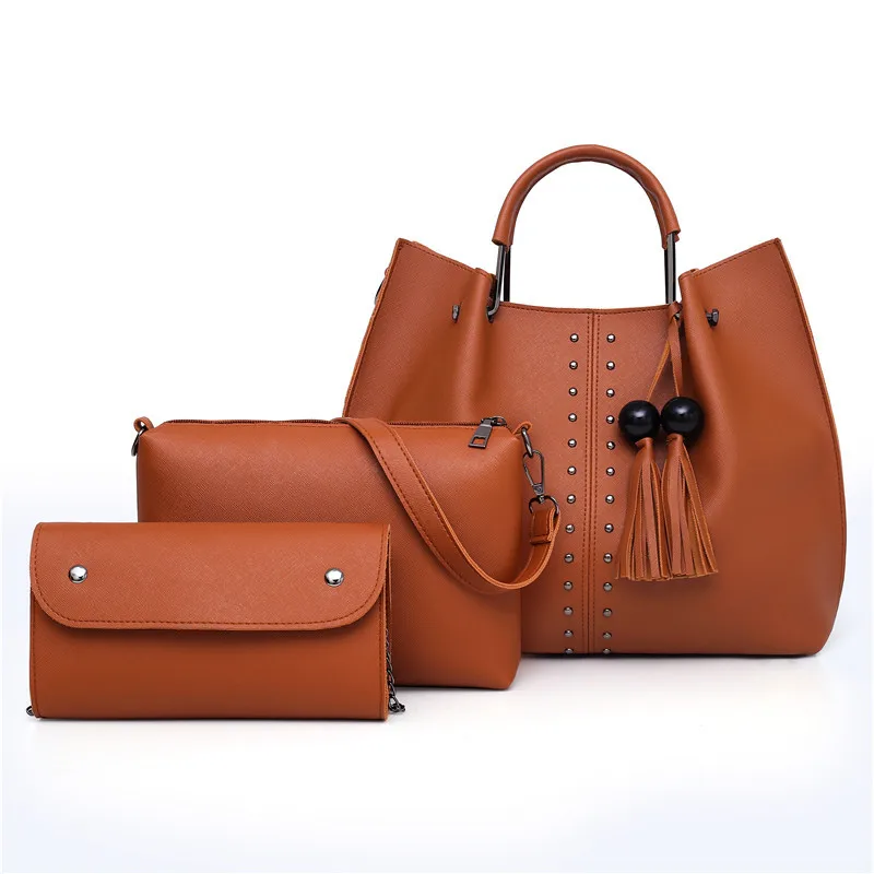 

Three Pieces Set Womens PU Leather Retro Rivets Handle Bags Women's Simple Solid Color Shoulder Bag Ladies Handbag sac a main
